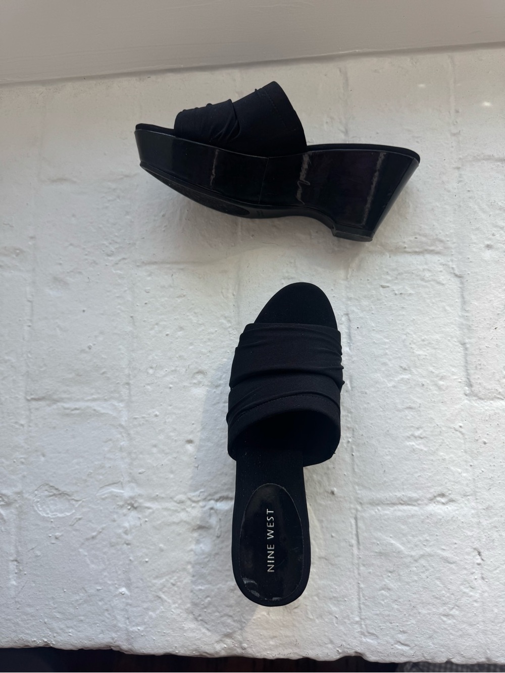 Vintage 90s Nine West Black Ruched Wedge Slide Mules